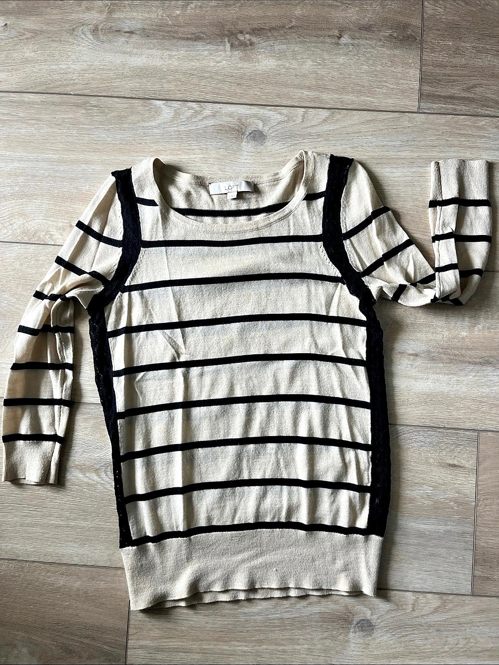 LOFT Striped Crew Neck Sweater in Cream & Black Size Small